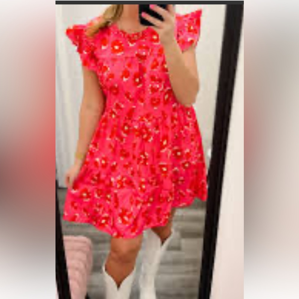 1XL Dopamine Boho Rose Red Leopard Print Ruffle Cap Sleeve Mini Dress - Picture 2 of 8
